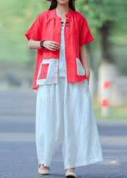 Elegant Red for women Omychic Cotton Literary Summer Cardigan Short Sleeve Shirt - SooLinen