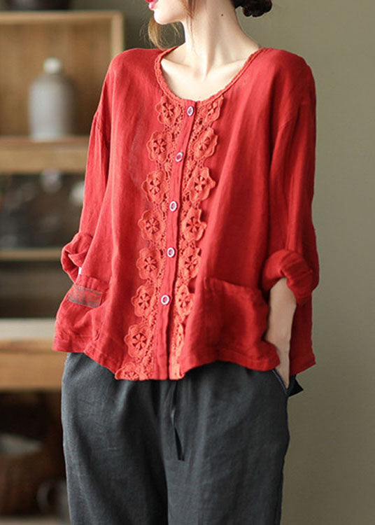 Elegant Red retro Button Pockets Loose Fall Top