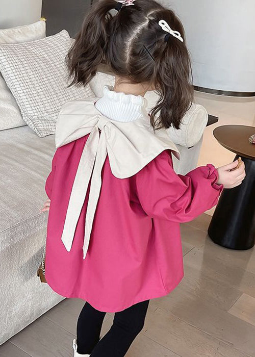 Elegant Rose Bow Button Patchwork Cotton Kids Girls Coat Spring