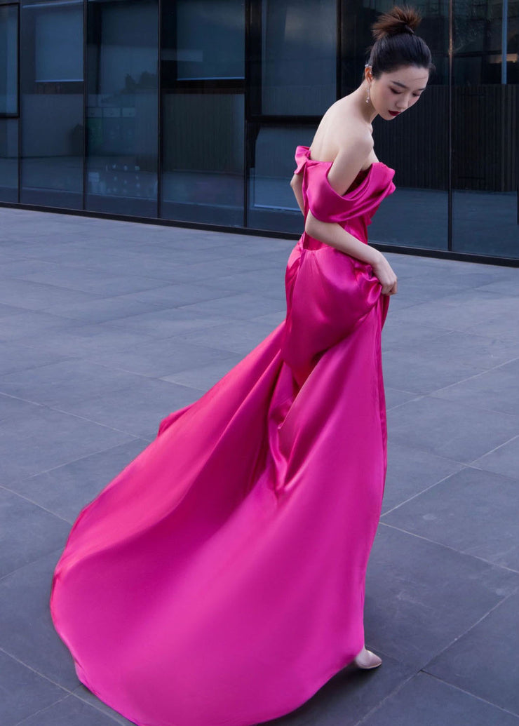 Elegant Rose Bustier Top Side Open Silk Maxi Dresses Short Sleeve