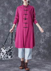 Elegant Rose Chinese Button Side Open Linen Long Shirts Fall