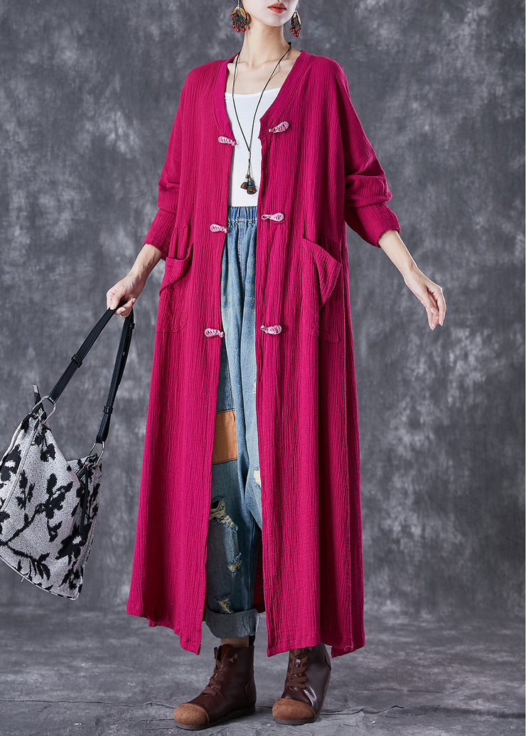 Elegant Rose Chinese Button Wrinkled Linen Long Cardigan Fall