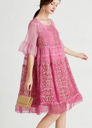 Elegant Rose Embroideried Patchwork Summer Dresses Half Sleeve - SooLinen
