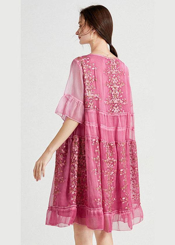 Elegant Rose Embroideried Patchwork Summer Dresses Half Sleeve - SooLinen