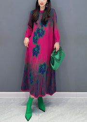 Elegant Rose O Neck Print Cozy Knit Dress Long Sleeve