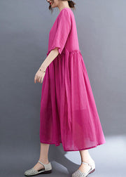 Elegantes, rosa O-Ausschnitt, gekräuselter, extra großer Saum, einfarbiges Leinen-Feiertagskleid, halbe Ärmel