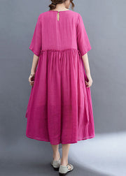 Elegant Rose O-Neck Ruffled Exra Large Hem Solid Color Linen Holiday Dress Half Sleeve