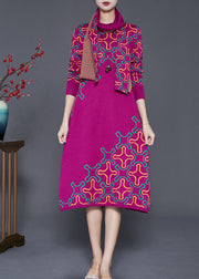 Elegant Rose Print Complimentary Scarf Knit Long Knit Dress Fall