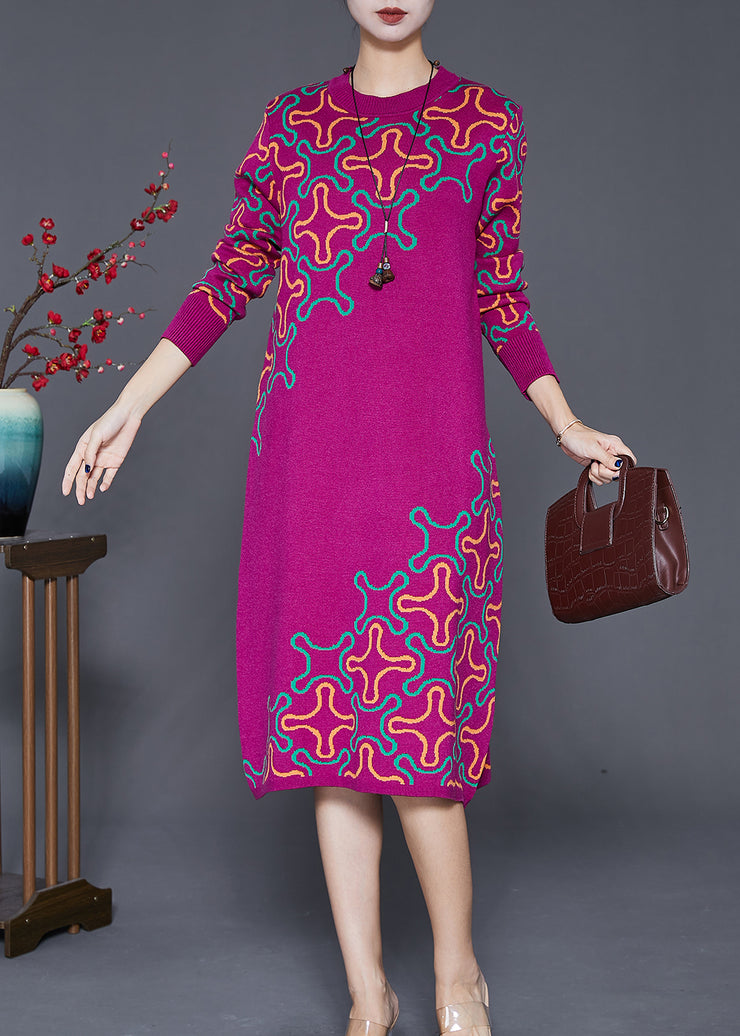 Elegant Rose Print Complimentary Scarf Knit Long Knit Dress Fall