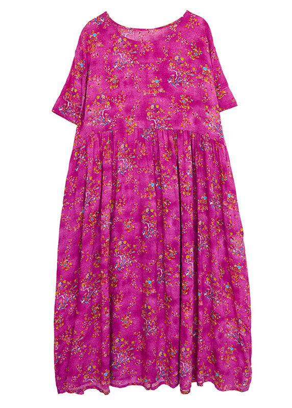 Elegant Rose Print Patchwork Cotton Cozy Long Dress Short Sleeve