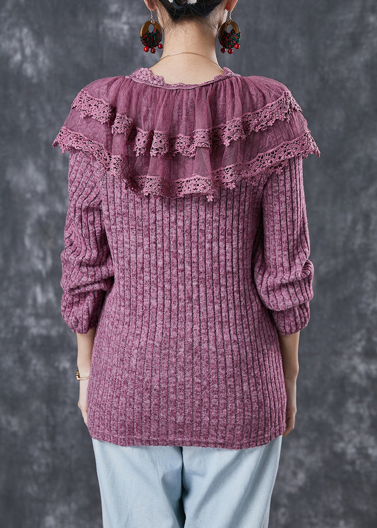 Elegant Rose Ruffles Patchwork Knit Sweater Winter