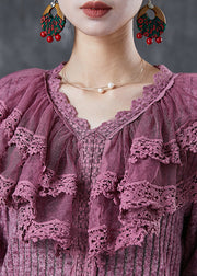 Elegant Rose Ruffles Patchwork Knit Sweater Winter