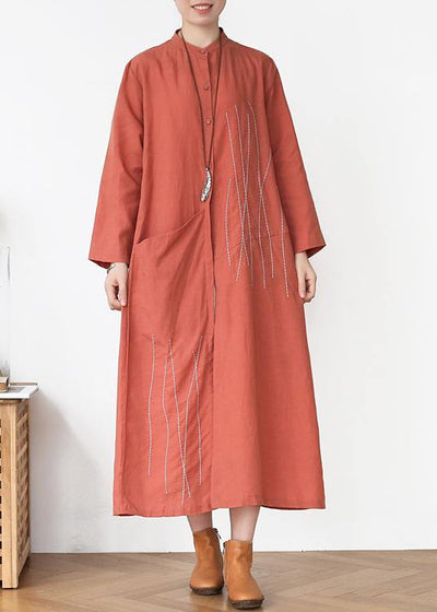 Elegant Rubber red Pockets Linen long clothes Spring Trench - SooLinen