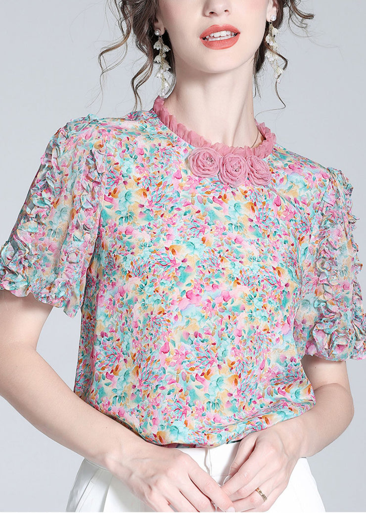 Elegant Ruffled Print Floral Button Silk Top Short Sleeve