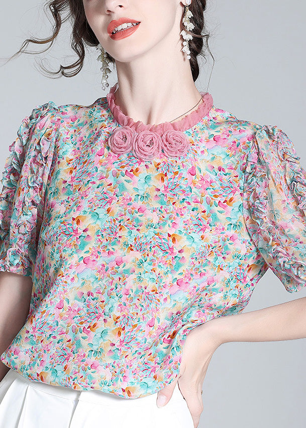 Elegant Ruffled Print Floral Button Silk Top Short Sleeve