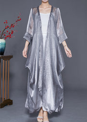 Elegant Silver Oversized Wrinkled Silk Long Cardigan Summer
