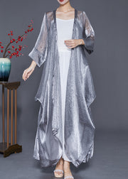 Elegant Silver Oversized Wrinkled Silk Long Cardigan Summer