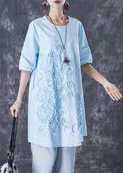 Elegant Sky Blue Embroidered Linen Mid Dress Summer