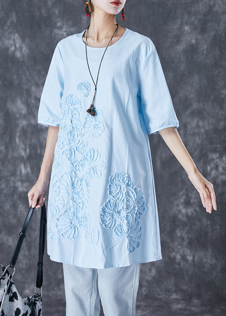 Elegant Sky Blue Embroidered Linen Mid Dress Summer