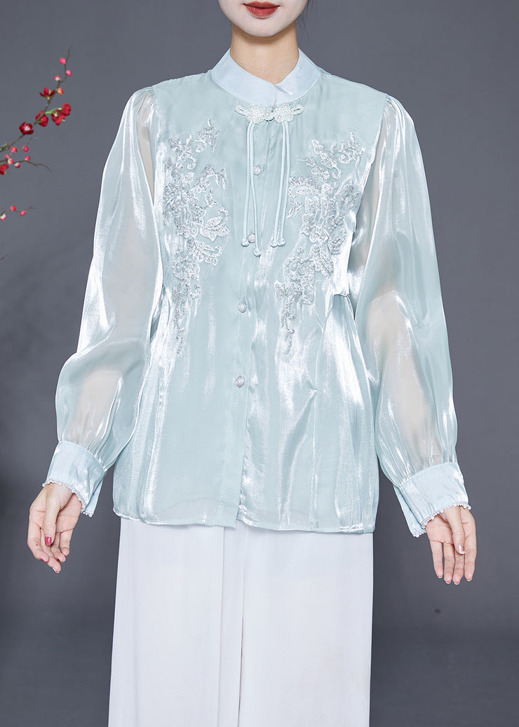 Elegant Sky Blue Tasseled Embroidered Silk Blouses Fall