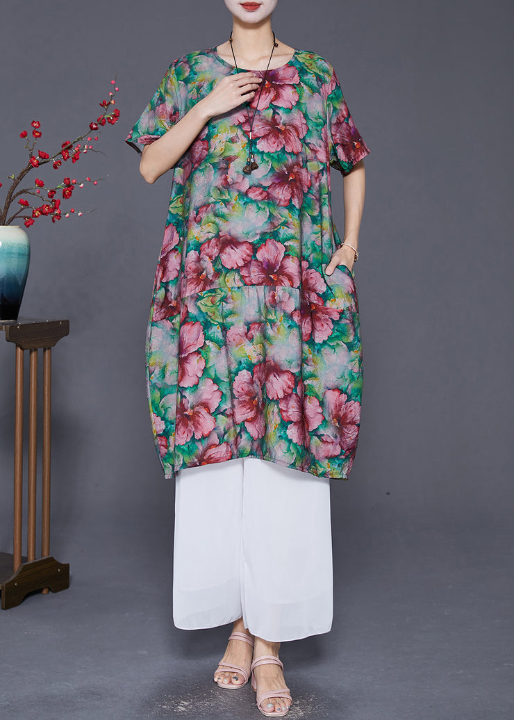 Elegant Slim Fit Floral Print Linen Holiday Dress Summer