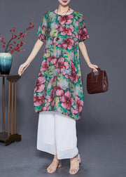 Elegant Slim Fit Floral Print Linen Holiday Dress Summer