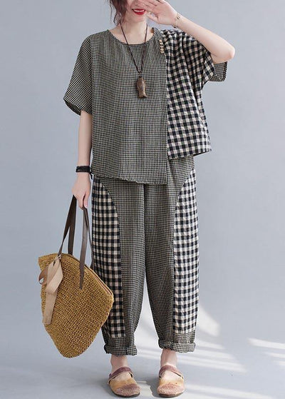 Elegant Small grid Patchwork asymmetrical design Two Piece Set Women Clothing - SooLinen