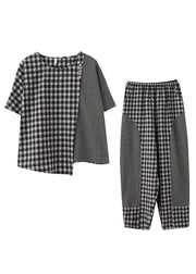 Elegant Small grid Patchwork asymmetrical design Two Piece Set Women Clothing - SooLinen