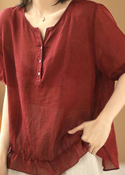Elegantes einfarbiges rotes V-Ausschnitt, faltiges, niedriges, hohes Design Leinenhemden mit kurzen Ärmeln