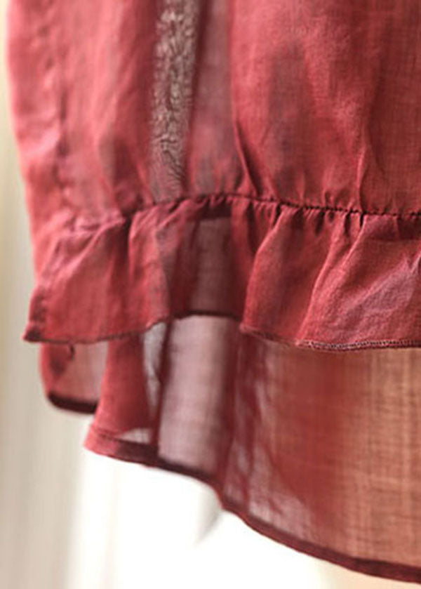 Elegant Solid Red V Neck Wrinkled Low High Design Linen Shirts Short Sleeve