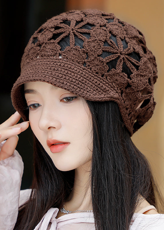Elegant Spring And Autumn Coffee Hollow Knitted Short Eave Hat