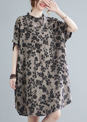 Elegant Stand Collar Button Print Linen Dress Short Sleeve