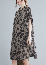 Elegant Stand Collar Button Print Linen Dress Short Sleeve
