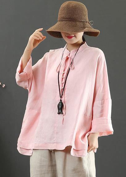Elegant Stand Collar Pockets Spring Blouse Wardrobes Pink Blouse - SooLinen