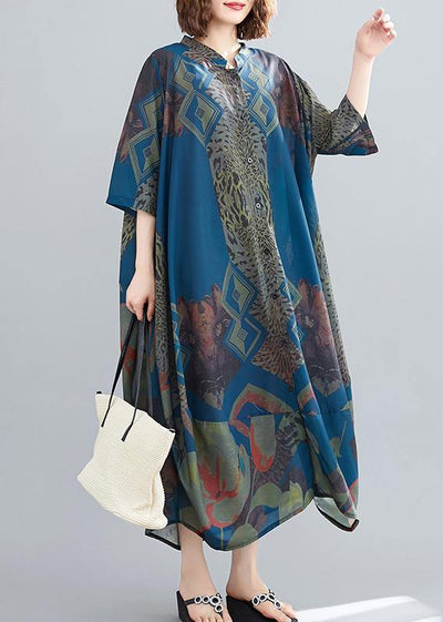 Elegant Stand Collar Summer Tunics Blue Abstract Pattern Long Dress - SooLinen