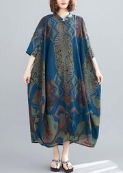Elegant Stand Collar Summer Tunics Blue Abstract Pattern Long Dress - SooLinen