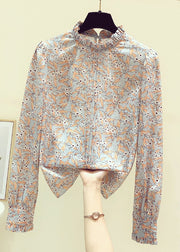 Elegant Stand Collarc Ruffled Print Chiffon Shirts Spring
