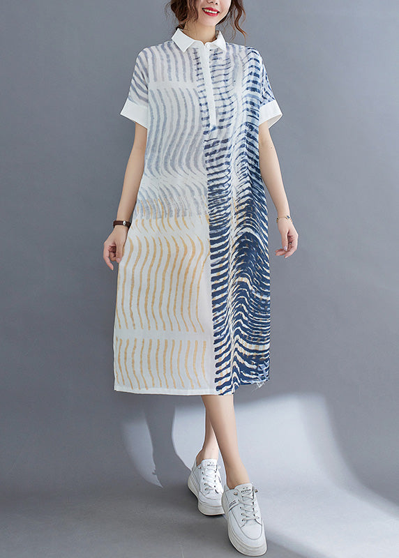 Elegant Striped Button Cotton Long Dress Short Sleeve