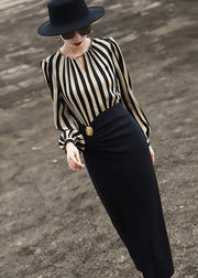 Elegant Striped Side Open Patchwork Cotton Long Dress Fall