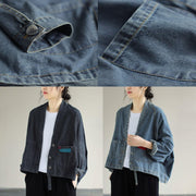 Elegant V Neck Button Down Spring Clothes Fashion Ideas Denim Blue Coats - SooLinen