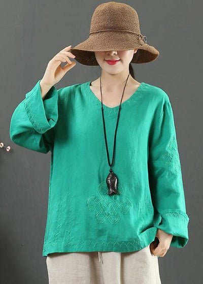 Elegant V Neck Embroidery Spring Tops Women Neckline Green Shirt - SooLinen