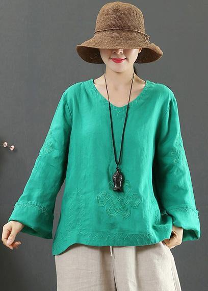 Elegant V Neck Embroidery Spring Tops Women Neckline Green Shirt - SooLinen