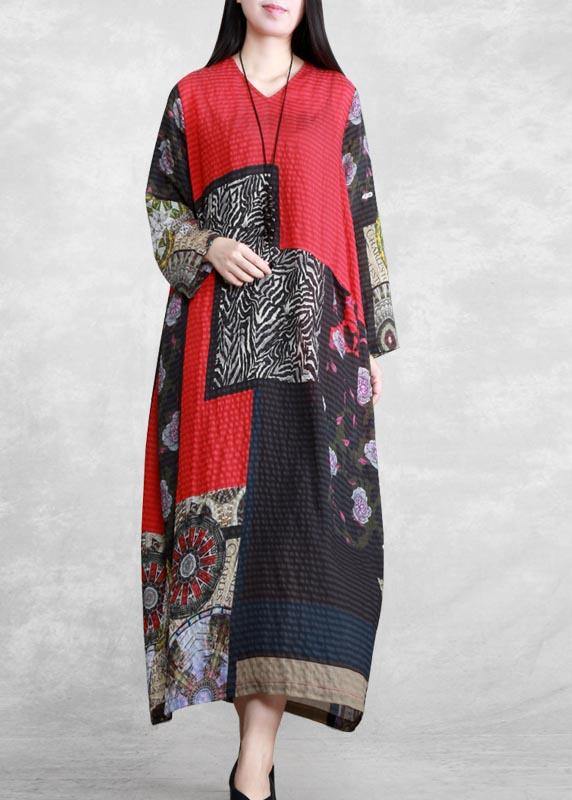 Elegant V Neck Long Sleeve Spring Tunic Pattern Outfits Print Kaftan Dresses - SooLinen