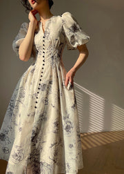 Elegant V Neck Print Button Chiffon Maxi Dress Short Sleeve