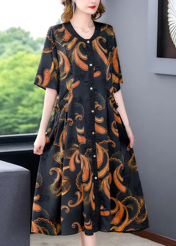 Elegant V Neck Print Button Silk Maxi Shirts Dresses Summer