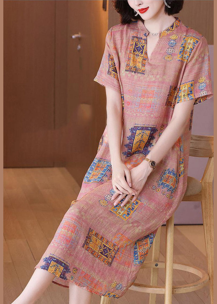 Elegant V Neck Print Linen Long Dresses Short Sleeve