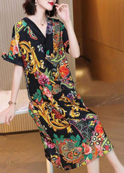 Elegant V Neck Print Silk Party Dress Short Sleeve
