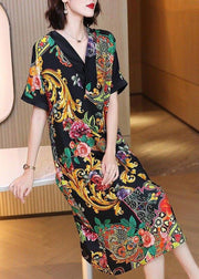 Elegant V Neck Print Silk Party Dress Short Sleeve
