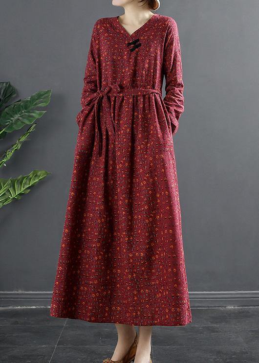 Elegant V Neck Quilting Dresses Shape Red Print Long Dress - SooLinen