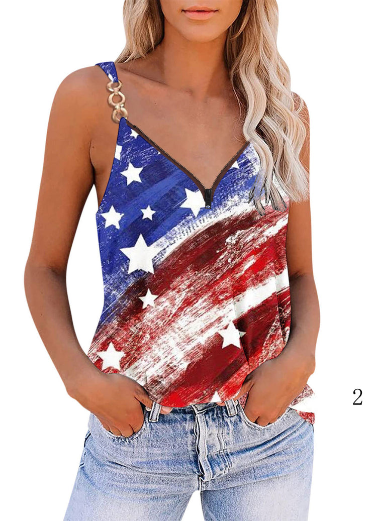 Elegant V Neck Zippered Independence Day Theme Print Sequined Spaghetti Strap Tank Tops Summer